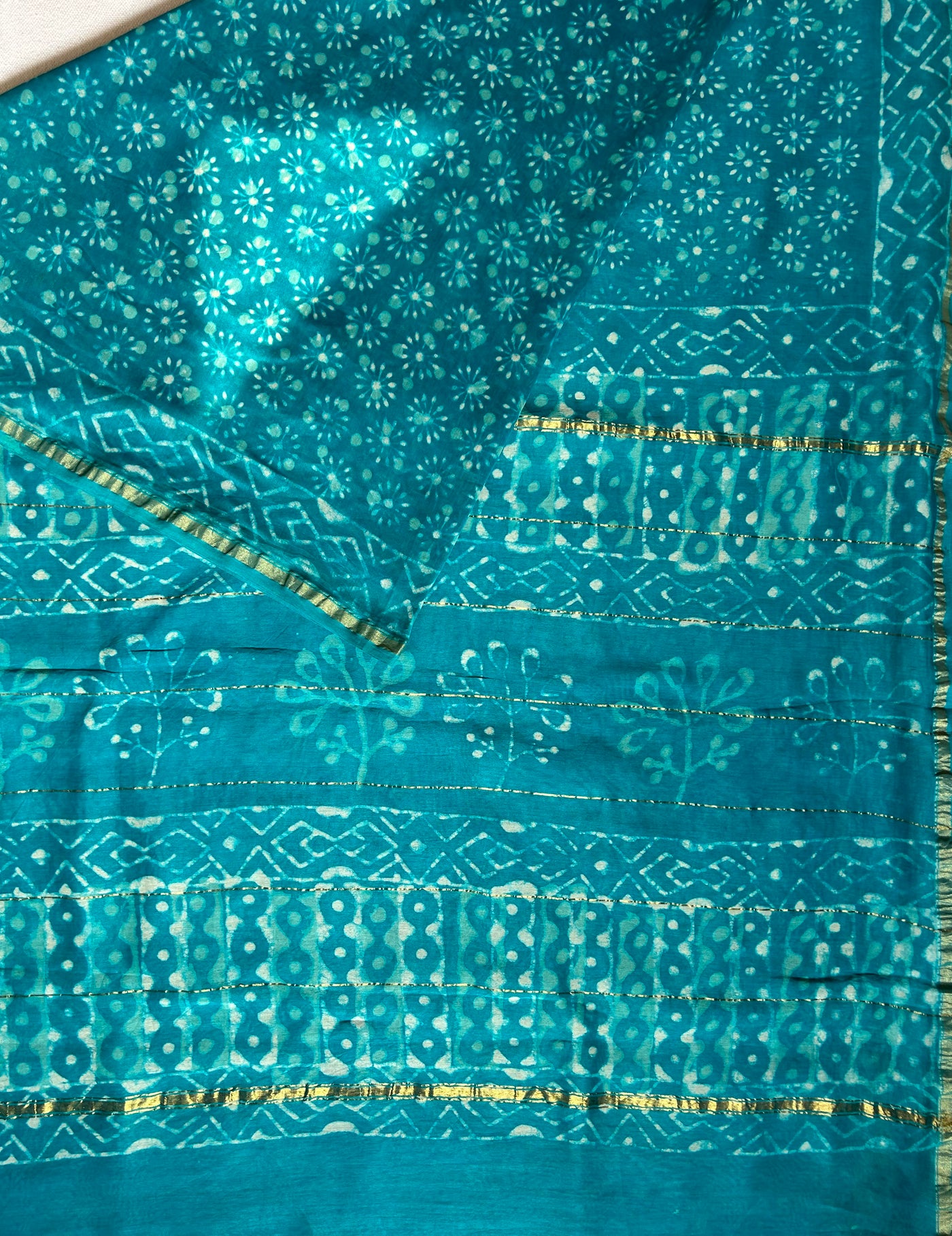 KANGNA : HANDBLOCK BAGRU PRINT CHANDERI SILK-COTT SAREE WITH ZARI BORDER.