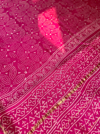 PANKHUDI : HANDBLOCK BAGRU PRINT CHANDERI SILK-COTT SAREE WITH ZARI BORDER.