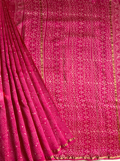 PANKHUDI : HANDBLOCK BAGRU PRINT CHANDERI SILK-COTT SAREE WITH ZARI BORDER.