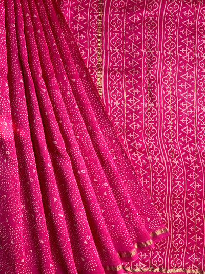 PANKHUDI : HANDBLOCK BAGRU PRINT CHANDERI SILK-COTT SAREE WITH ZARI BORDER.