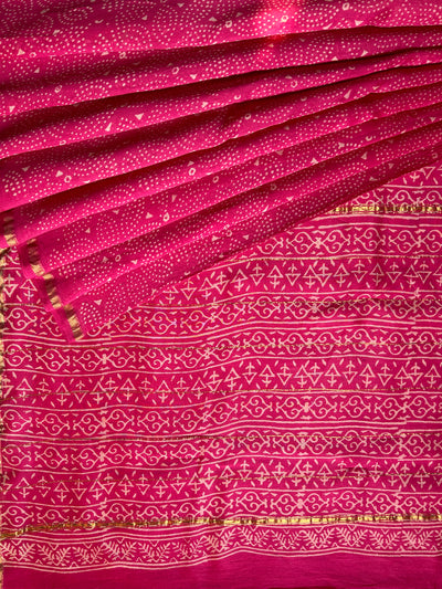 PANKHUDI : HANDBLOCK BAGRU PRINT CHANDERI SILK-COTT SAREE WITH ZARI BORDER.