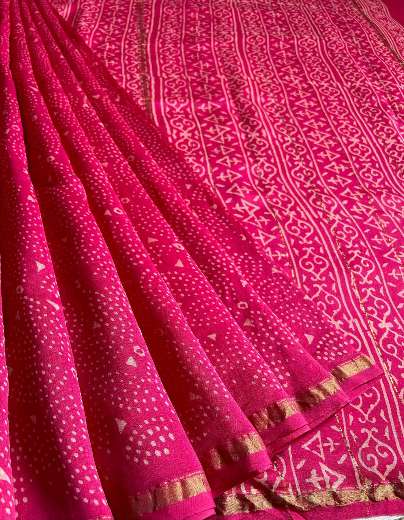 PANKHUDI : HANDBLOCK BAGRU PRINT CHANDERI SILK-COTT SAREE WITH ZARI BORDER.