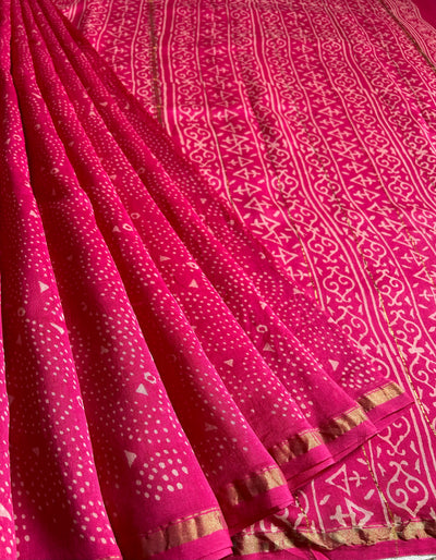 PANKHUDI : HANDBLOCK BAGRU PRINT CHANDERI SILK-COTT SAREE WITH ZARI BORDER.