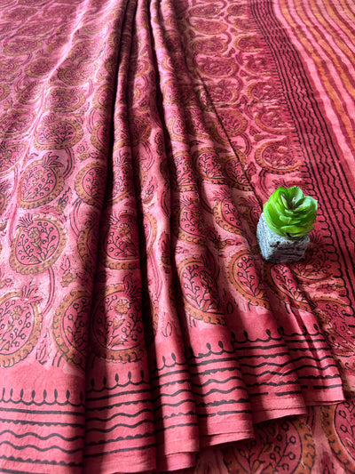 PUSHPITA:POMEGRANATE ROSE,HANDBLOCK PRINTED DABU MODAL SILK SAREE