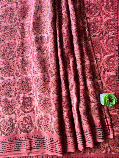PUSHPITA:POMEGRANATE ROSE,HANDBLOCK PRINTED DABU MODAL SILK SAREE