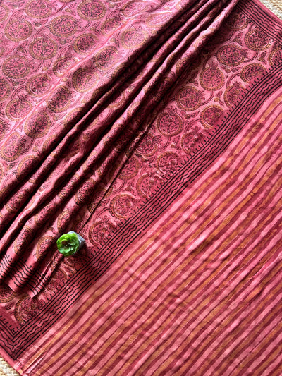 PUSHPITA:POMEGRANATE ROSE,HANDBLOCK PRINTED DABU MODAL SILK SAREE