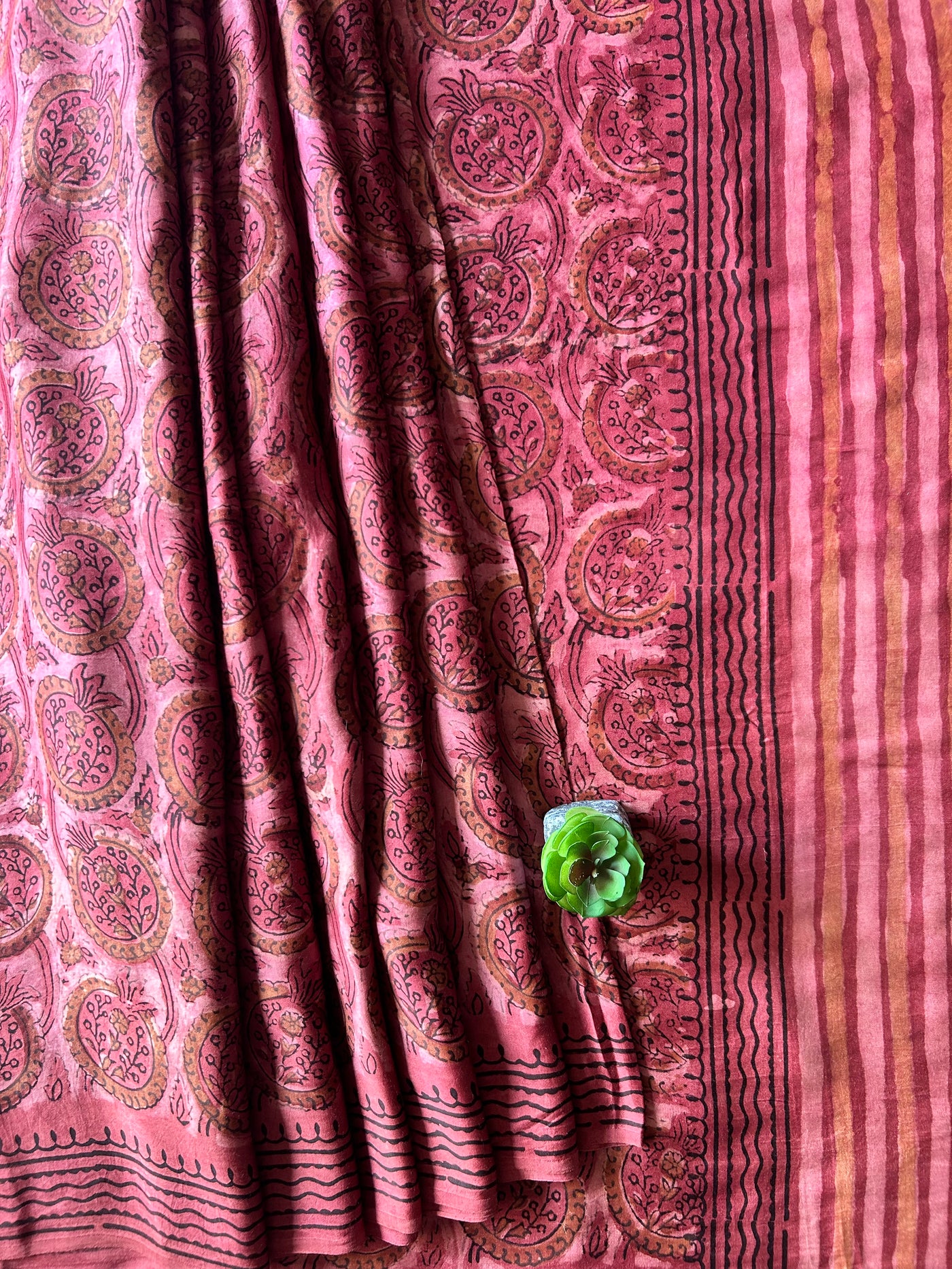 PUSHPITA:POMEGRANATE ROSE,HANDBLOCK PRINTED DABU MODAL SILK SAREE