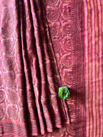 PUSHPITA:POMEGRANATE ROSE,HANDBLOCK PRINTED DABU MODAL SILK SAREE