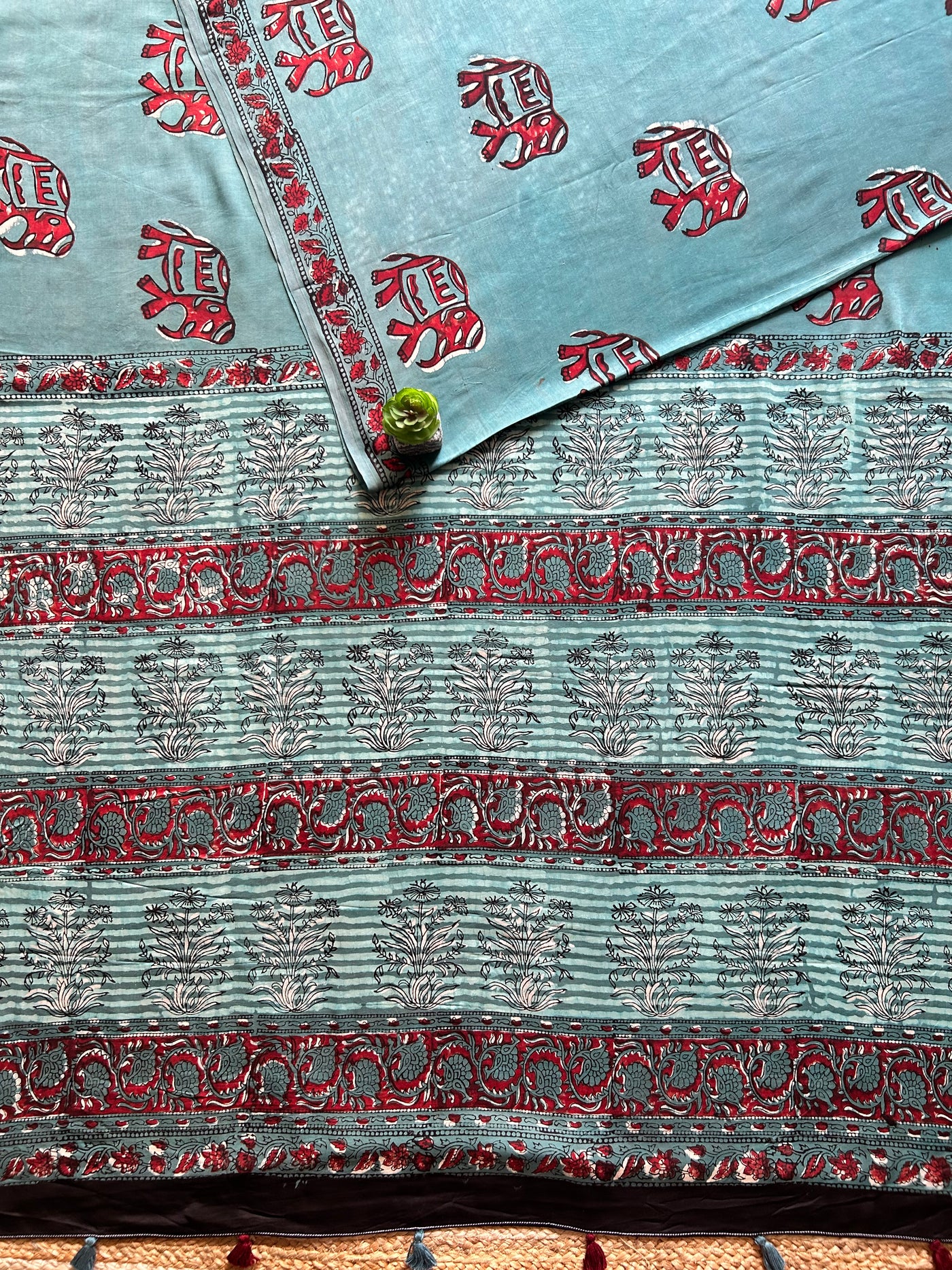 GAJRAJ:TEAL MIST,HANDBLOCK PRINTED BAGRU MODAL SILK SAREE