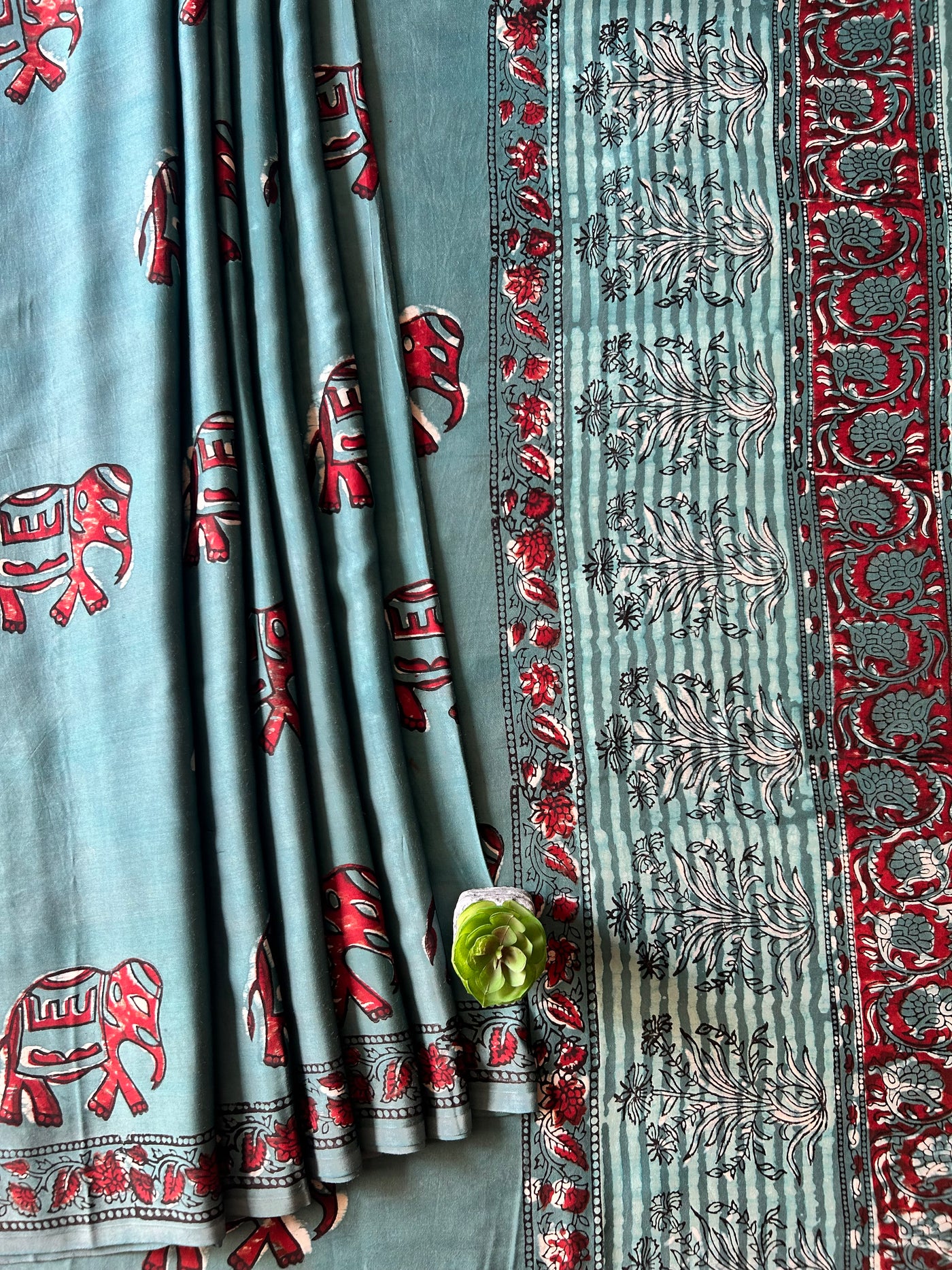 GAJRAJ:TEAL MIST,HANDBLOCK PRINTED BAGRU MODAL SILK SAREE