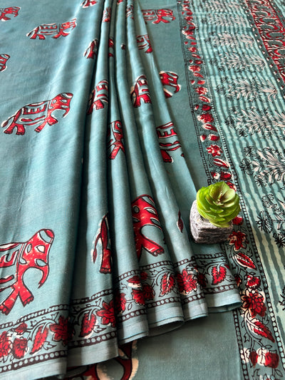 GAJRAJ:TEAL MIST,HANDBLOCK PRINTED BAGRU MODAL SILK SAREE