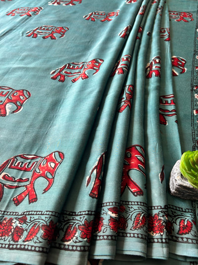 GAJRAJ:TEAL MIST,HANDBLOCK PRINTED BAGRU MODAL SILK SAREE