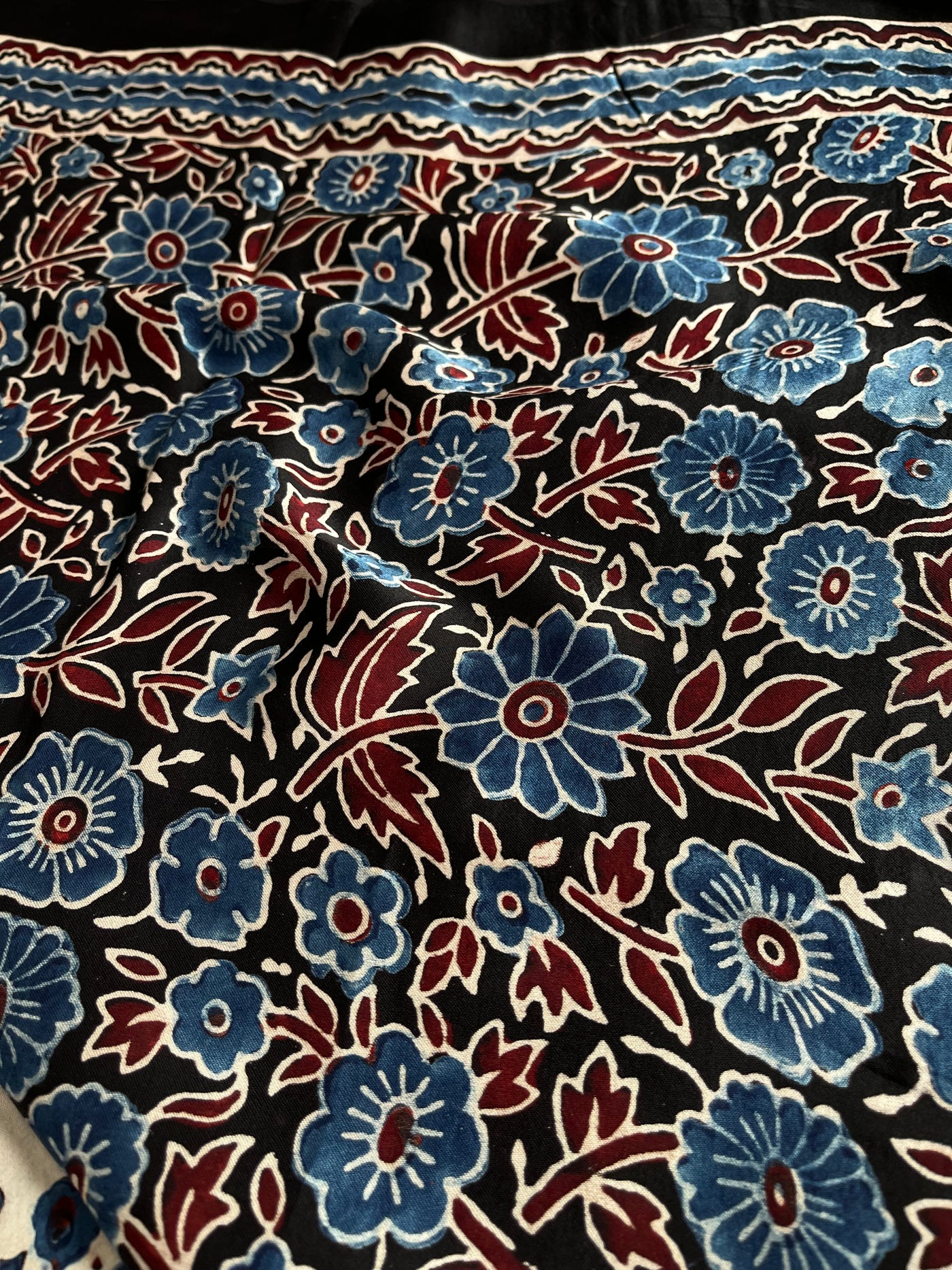 Ruhu: BLACK,HANDBLOCK AJRAKH MODAL SILK SAREE