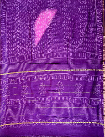 HASINA: HANDBLOCK BAGRU PRINT CHANDERI SILK-COTT SAREE WITH ZARI BORDER.