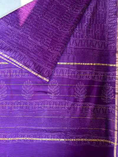 HASINA: HANDBLOCK BAGRU PRINT CHANDERI SILK-COTT SAREE WITH ZARI BORDER.