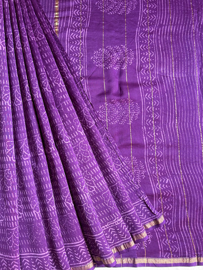 HASINA: HANDBLOCK BAGRU PRINT CHANDERI SILK-COTT SAREE WITH ZARI BORDER.