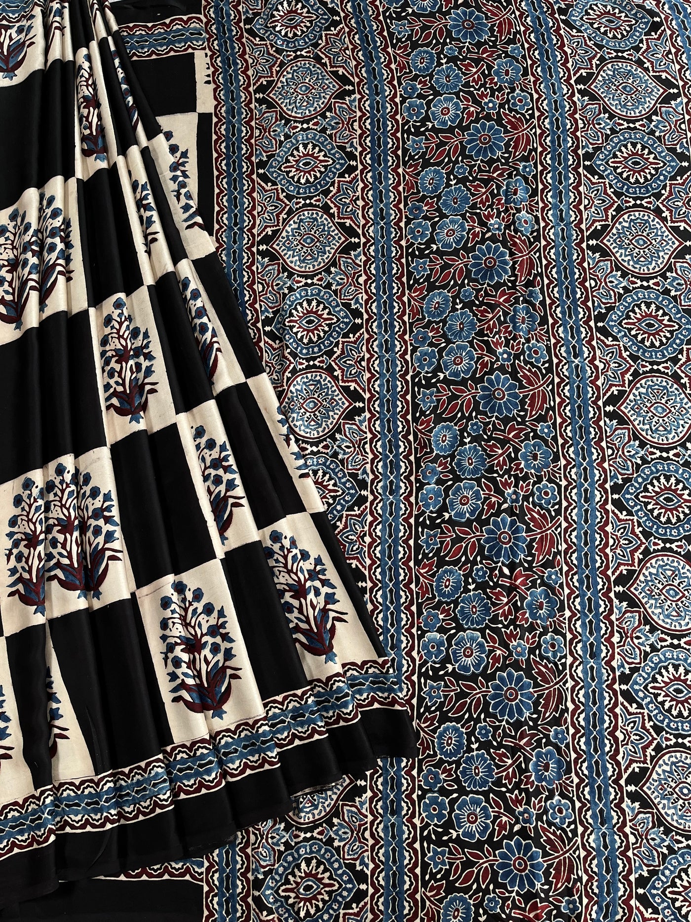 Ruhu: BLACK,HANDBLOCK AJRAKH MODAL SILK SAREE