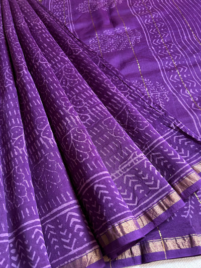 HASINA: HANDBLOCK BAGRU PRINT CHANDERI SILK-COTT SAREE WITH ZARI BORDER.