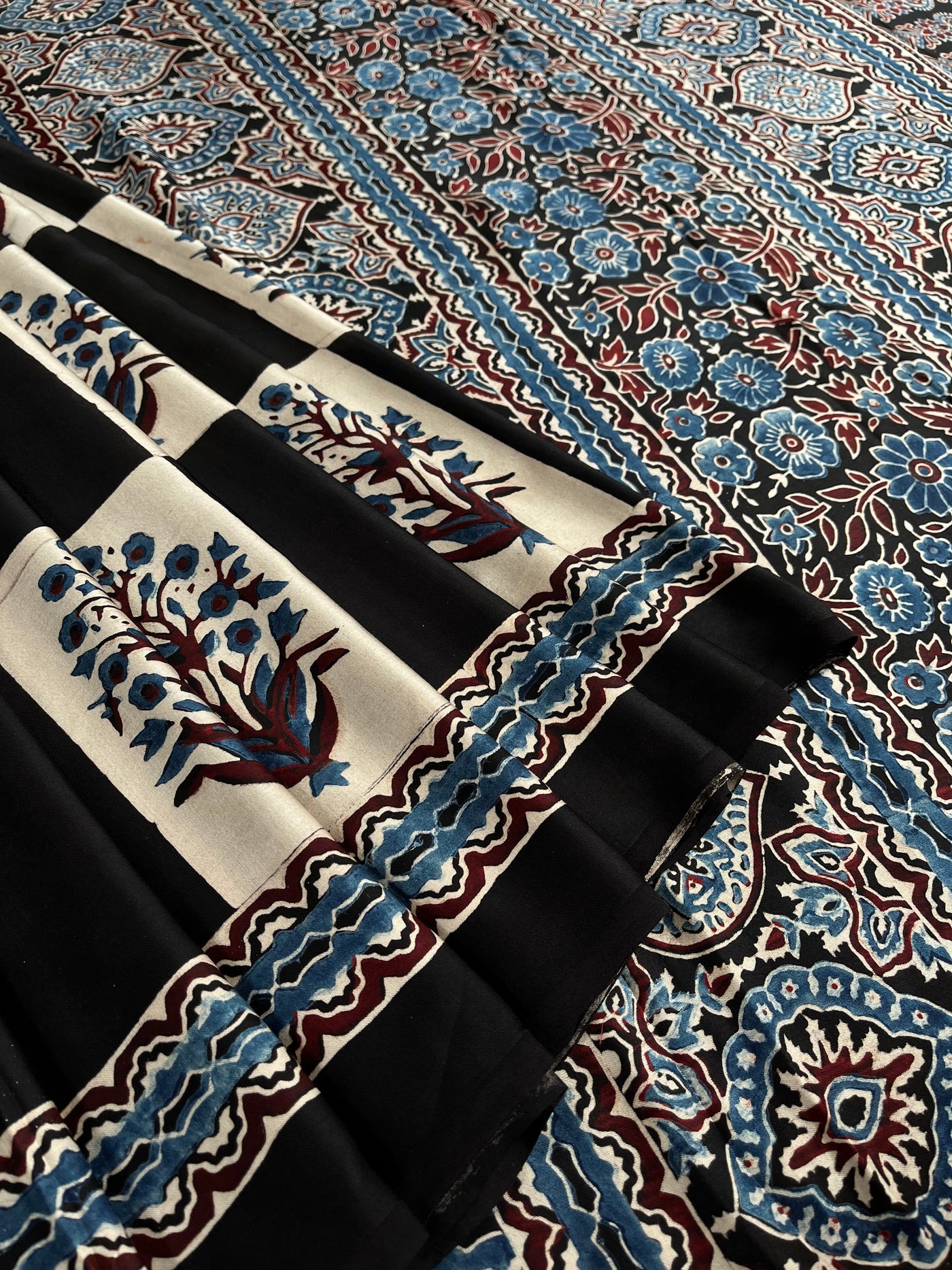 Ruhu: BLACK,HANDBLOCK AJRAKH MODAL SILK SAREE