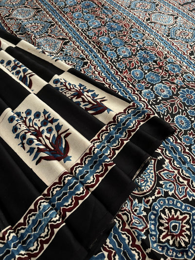 Ruhu: BLACK,HANDBLOCK AJRAKH MODAL SILK SAREE