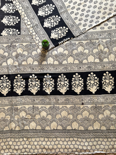 DAMINI:CREAM,HANDBLOCK PRINTED BAGRU MODAL SILK SAREE