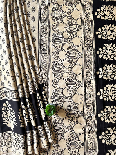 DAMINI:CREAM,HANDBLOCK PRINTED BAGRU MODAL SILK SAREE