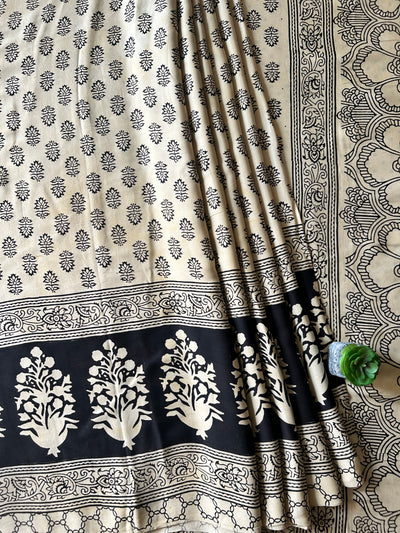 DAMINI:CREAM,HANDBLOCK PRINTED BAGRU MODAL SILK SAREE