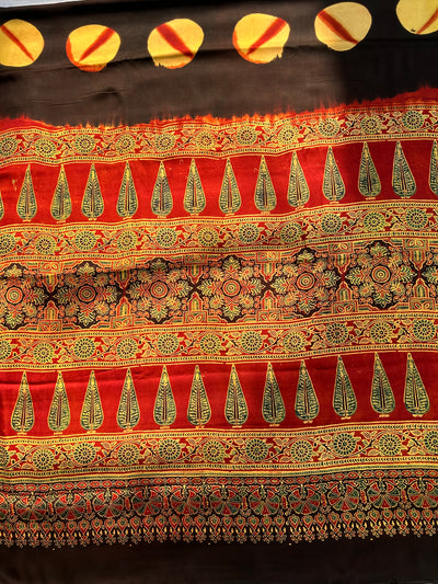 JAMINI: Handmade Clamp Dyed- Ajrakh Modal Silk Saree