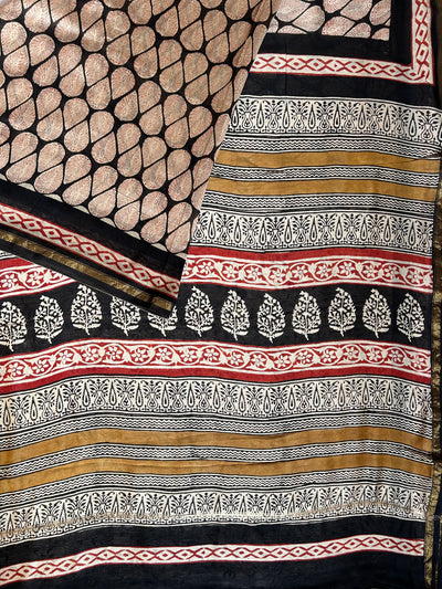 UMANG: HANDBLOCK BAGRU PRINT CHANDERI SILK-COTT SAREE WITH ZARI BORDER.