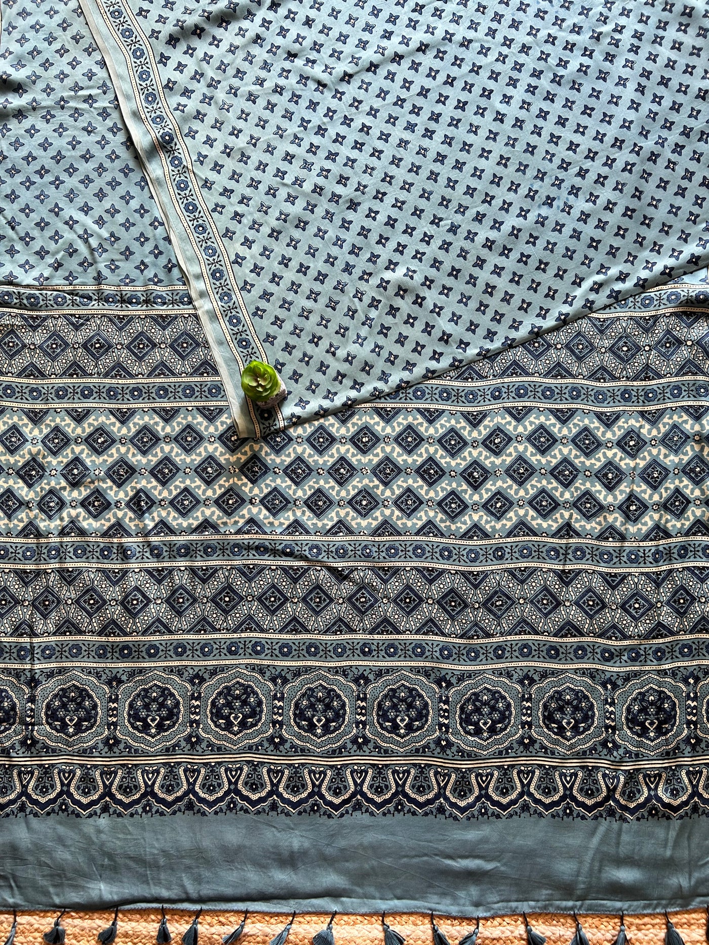 AFSANA:SMOKY SAGE,HANDBLOCK PRINTED BAGRU MODAL SILK SAREE