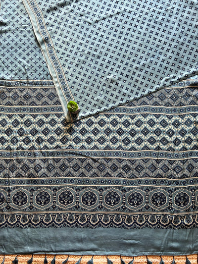 AFSANA:SMOKY SAGE,HANDBLOCK PRINTED BAGRU MODAL SILK SAREE