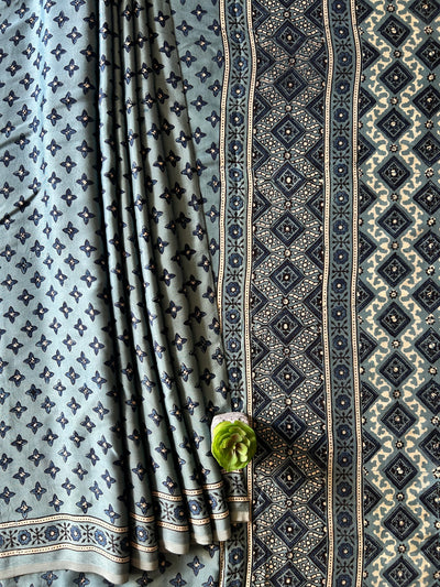 AFSANA:SMOKY SAGE,HANDBLOCK PRINTED BAGRU MODAL SILK SAREE