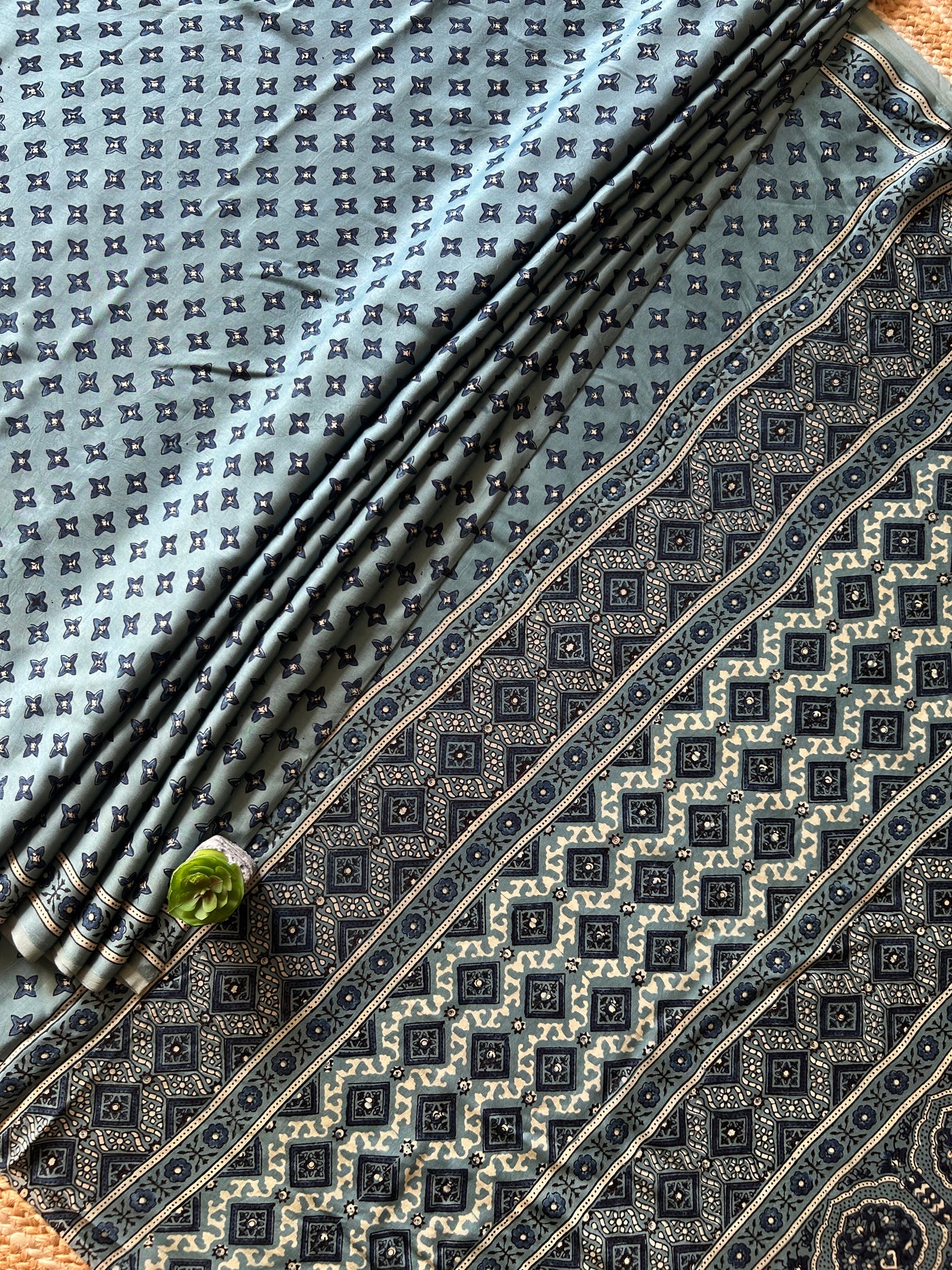 AFSANA:SMOKY SAGE,HANDBLOCK PRINTED BAGRU MODAL SILK SAREE