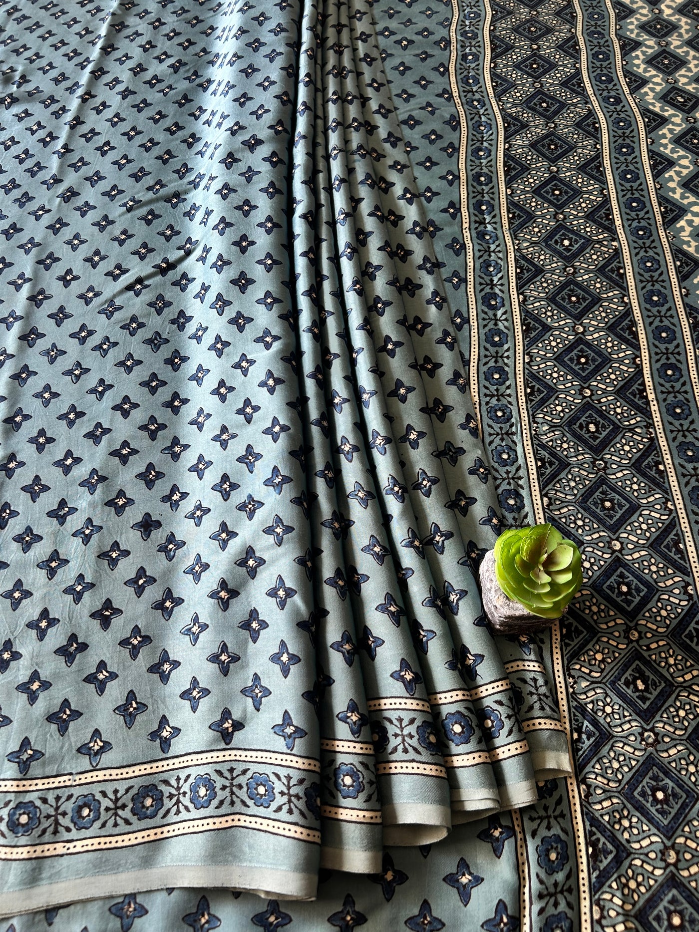 AFSANA:SMOKY SAGE,HANDBLOCK PRINTED BAGRU MODAL SILK SAREE
