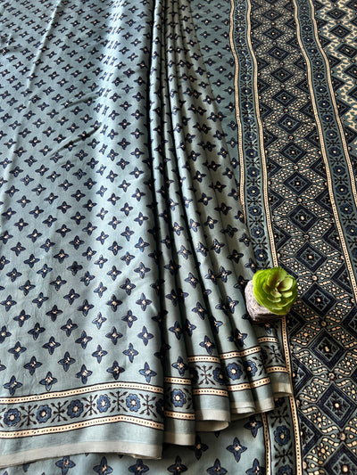 AFSANA:SMOKY SAGE,HANDBLOCK PRINTED BAGRU MODAL SILK SAREE