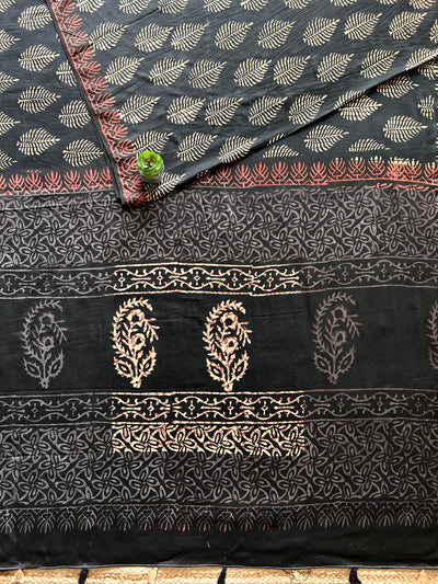 SUROOR:BLACK,HANDBLOCK PRINTED BAGRU MODAL SILK SAREE