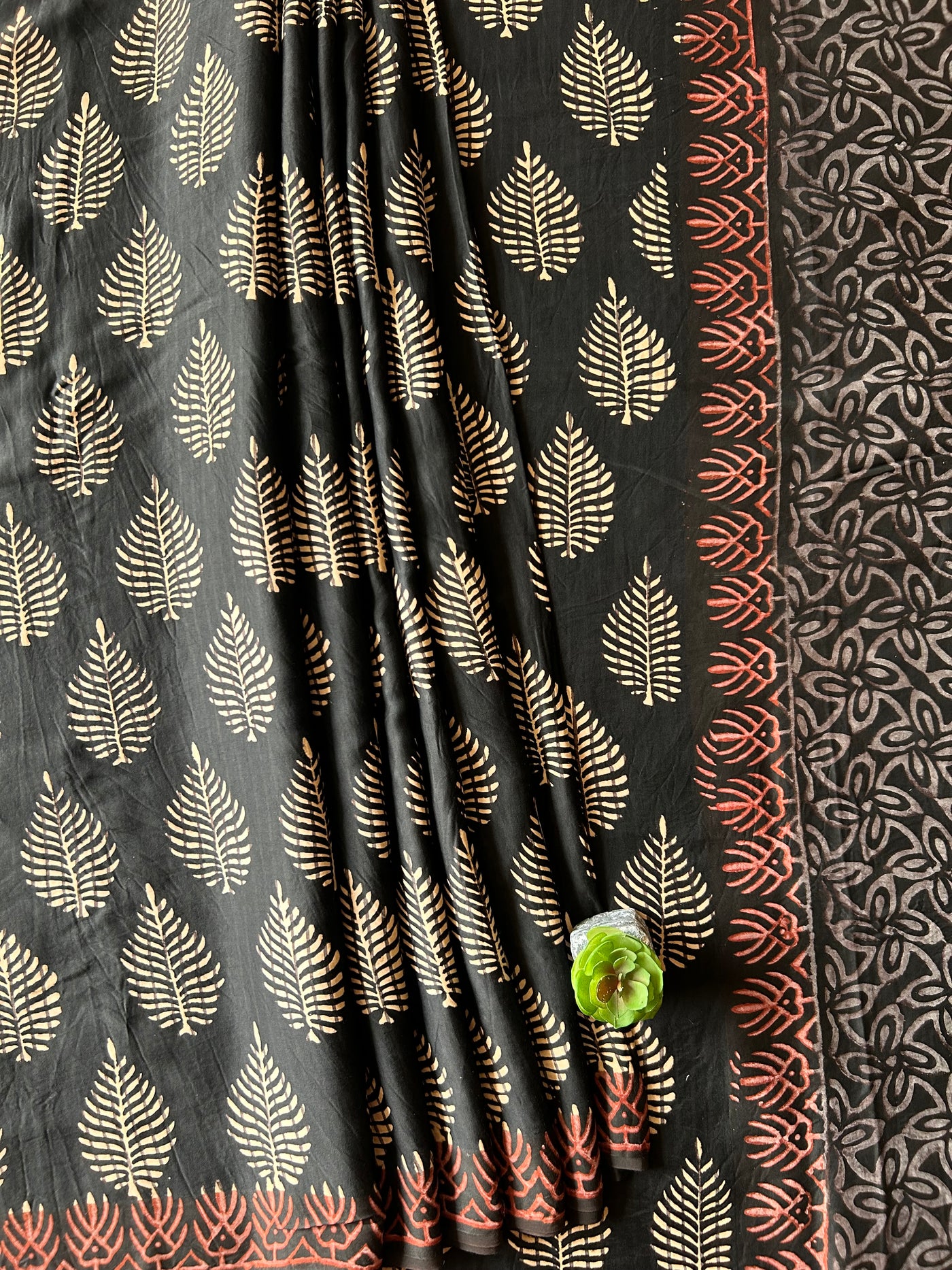 SUROOR:BLACK,HANDBLOCK PRINTED BAGRU MODAL SILK SAREE