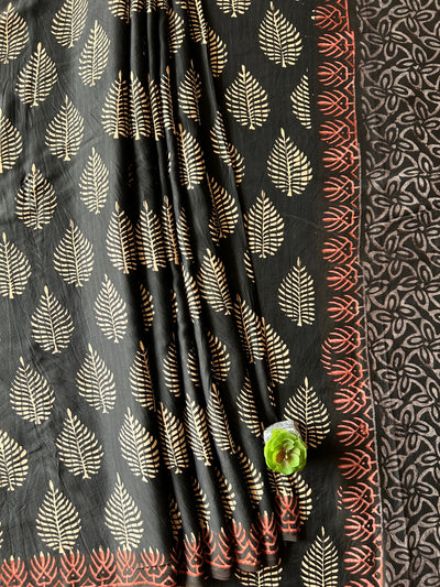 SUROOR:BLACK,HANDBLOCK PRINTED BAGRU MODAL SILK SAREE