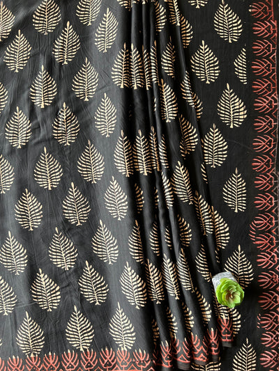 SUROOR:BLACK,HANDBLOCK PRINTED BAGRU MODAL SILK SAREE