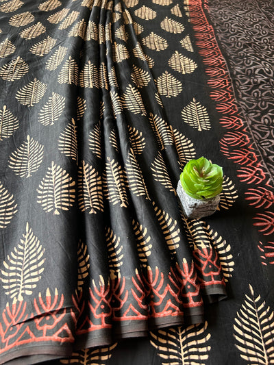 SUROOR:BLACK,HANDBLOCK PRINTED BAGRU MODAL SILK SAREE