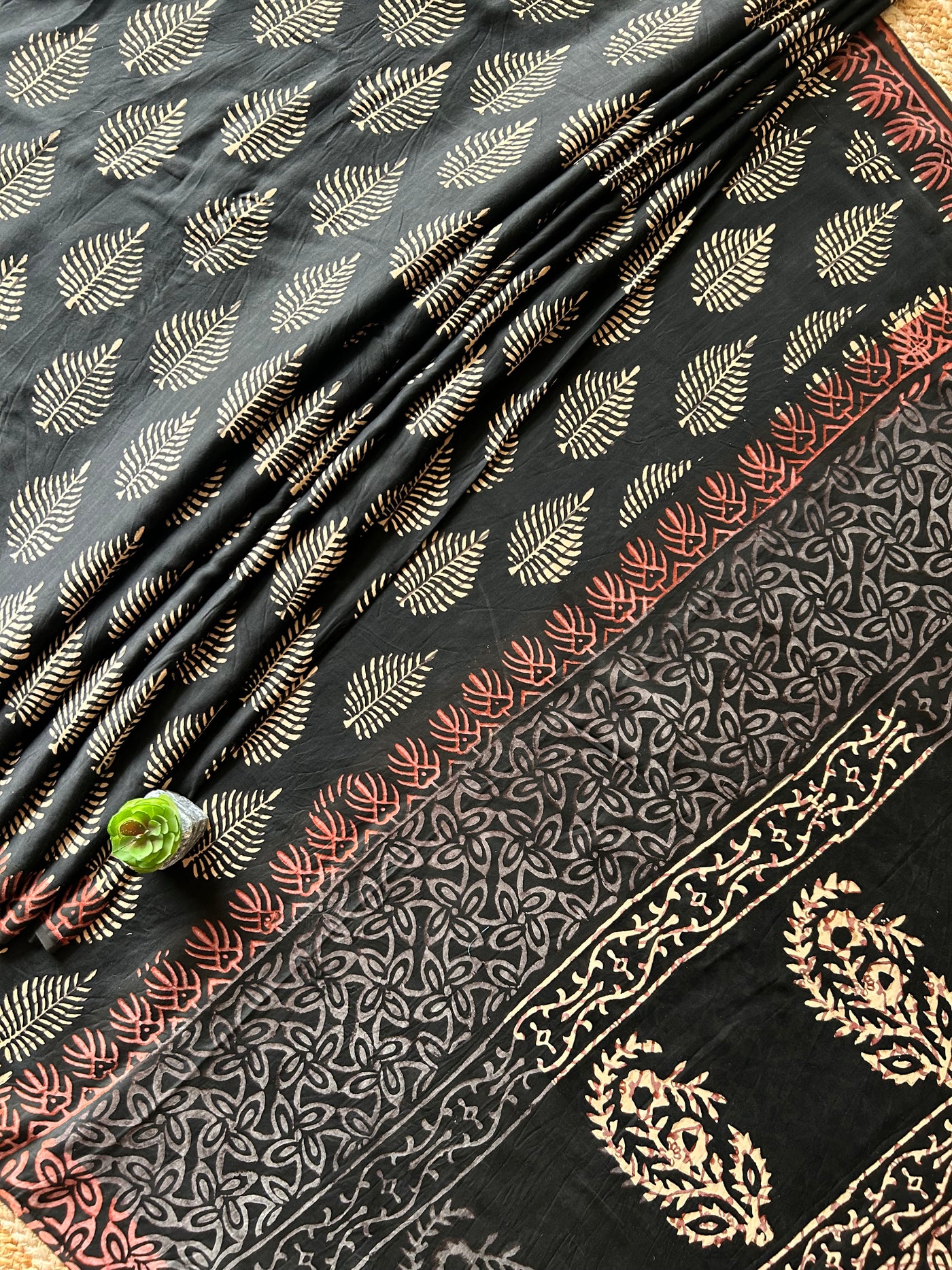 SUROOR:BLACK,HANDBLOCK PRINTED BAGRU MODAL SILK SAREE