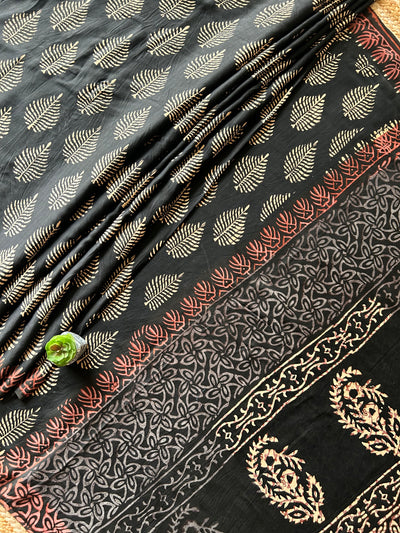 SUROOR:BLACK,HANDBLOCK PRINTED BAGRU MODAL SILK SAREE