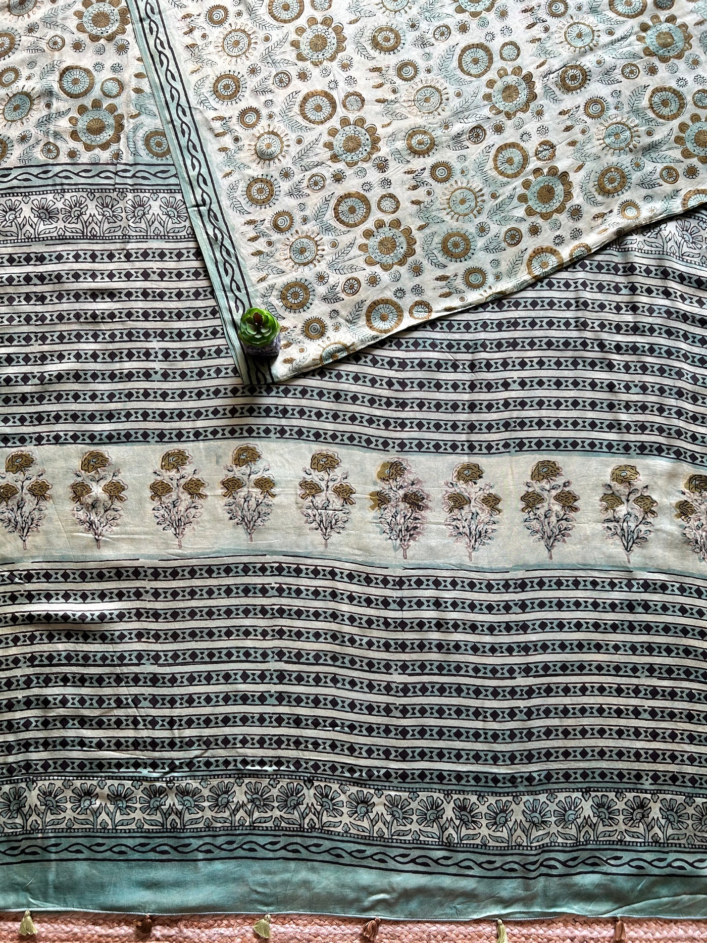 GULDASTA:MINT,HANDBLOCK PRINTED BAGRU MODAL SILK SAREE