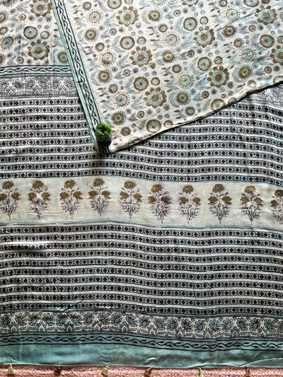 GULDASTA:MINT,HANDBLOCK PRINTED BAGRU MODAL SILK SAREE