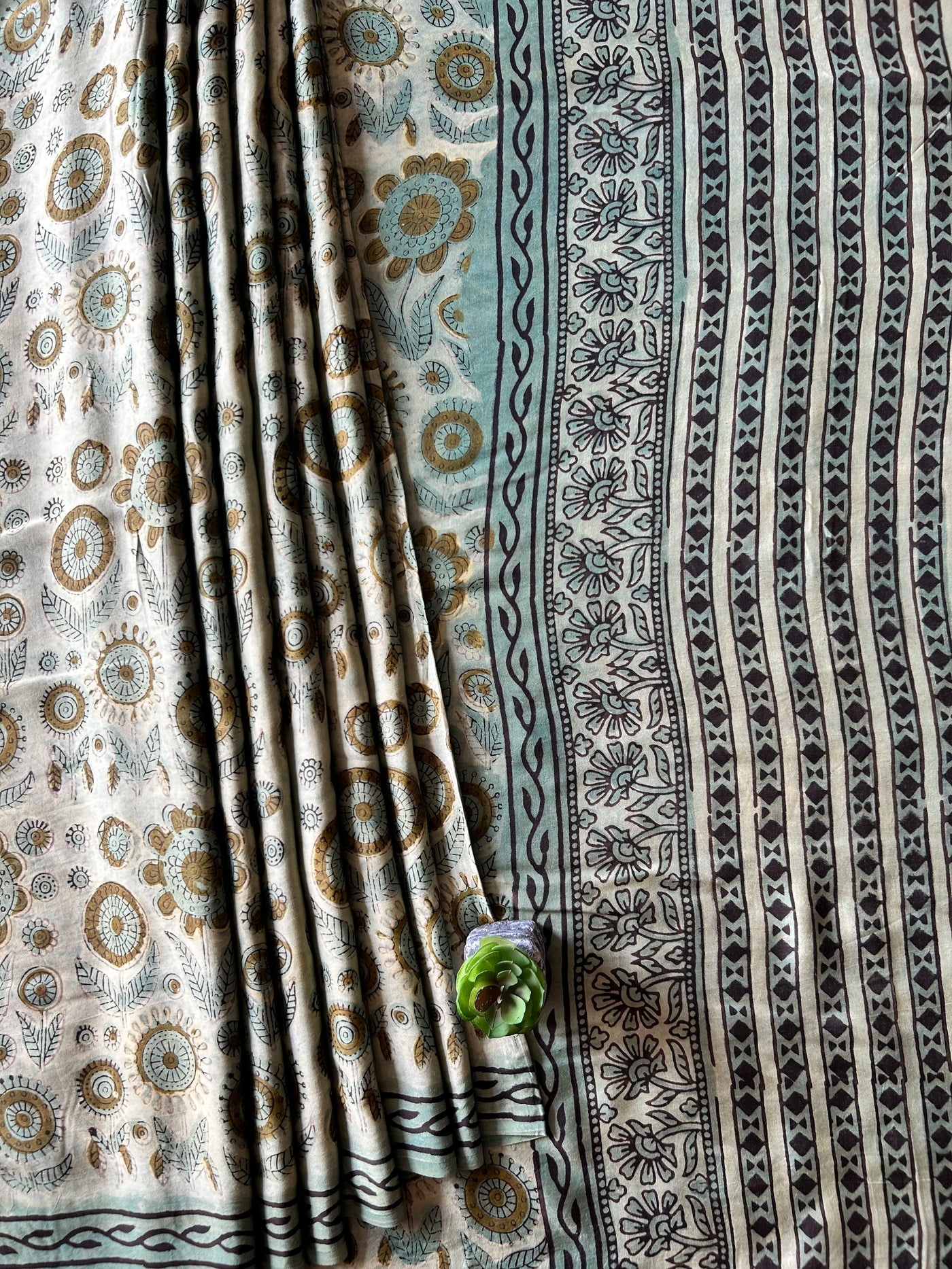 GULDASTA:MINT,HANDBLOCK PRINTED BAGRU MODAL SILK SAREE