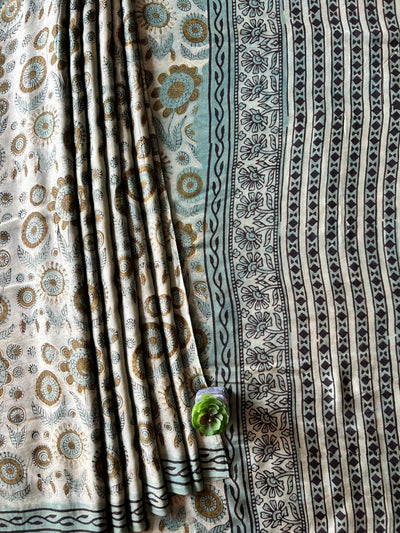 GULDASTA:MINT,HANDBLOCK PRINTED BAGRU MODAL SILK SAREE