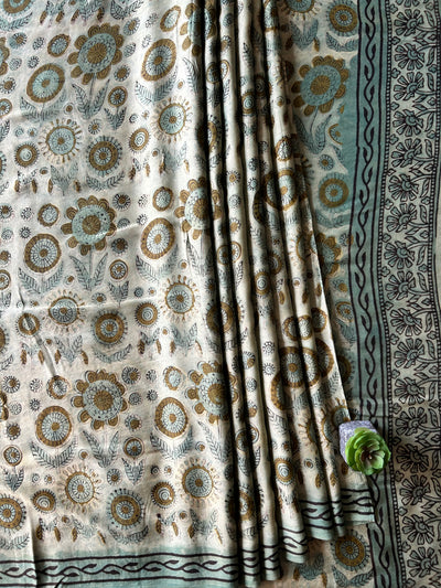 GULDASTA:MINT,HANDBLOCK PRINTED BAGRU MODAL SILK SAREE