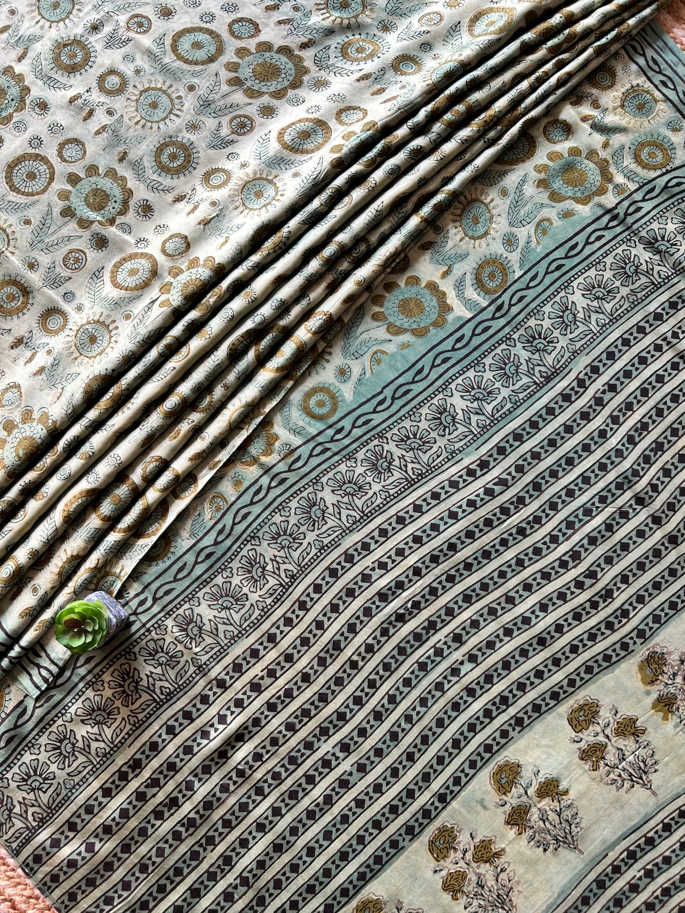 GULDASTA:MINT,HANDBLOCK PRINTED BAGRU MODAL SILK SAREE