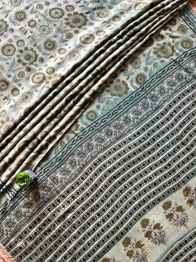 GULDASTA:MINT,HANDBLOCK PRINTED BAGRU MODAL SILK SAREE