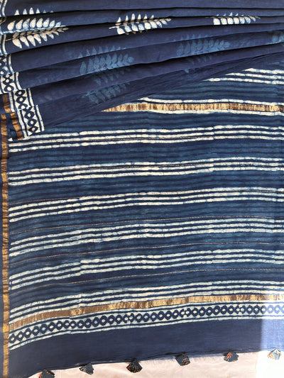 GARGI: HANDBLOCK BAGRU PRINT CHANDERI SILK-COTT SAREE WITH ZARI BORDER.